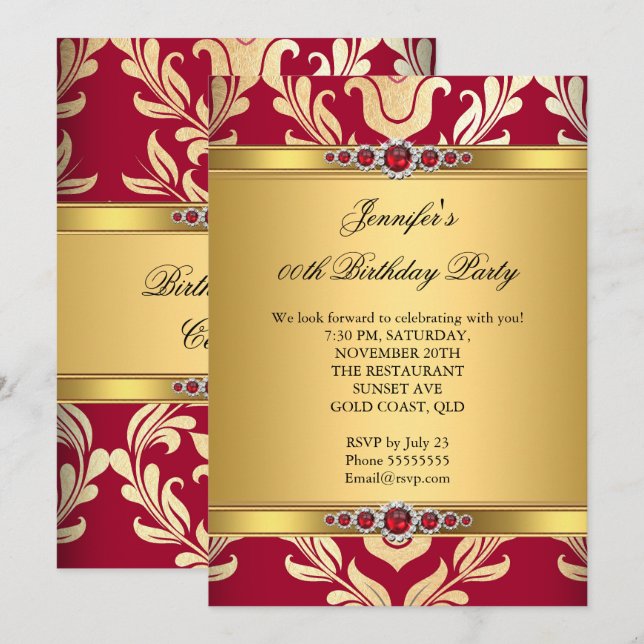 Elegant Red Gold Damask Pearl Birthday Party Invitation (Front/Back)