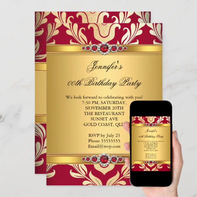 Elegant Red Gold Damask Pearl Birthday Party Invitation | Zazzle