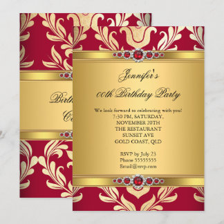 Elegant Red Gold Damask Pearl Birthday Party Invitation