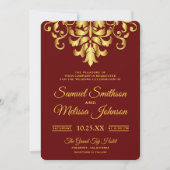 Elegant Red Gold Damask Wedding Invitation (Front)