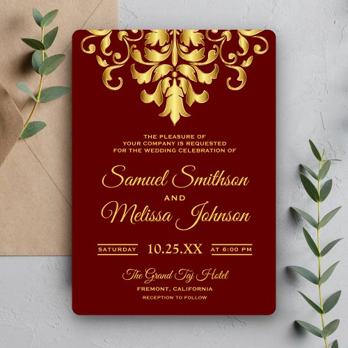 Elegant Red Gold Damask Wedding Invitation