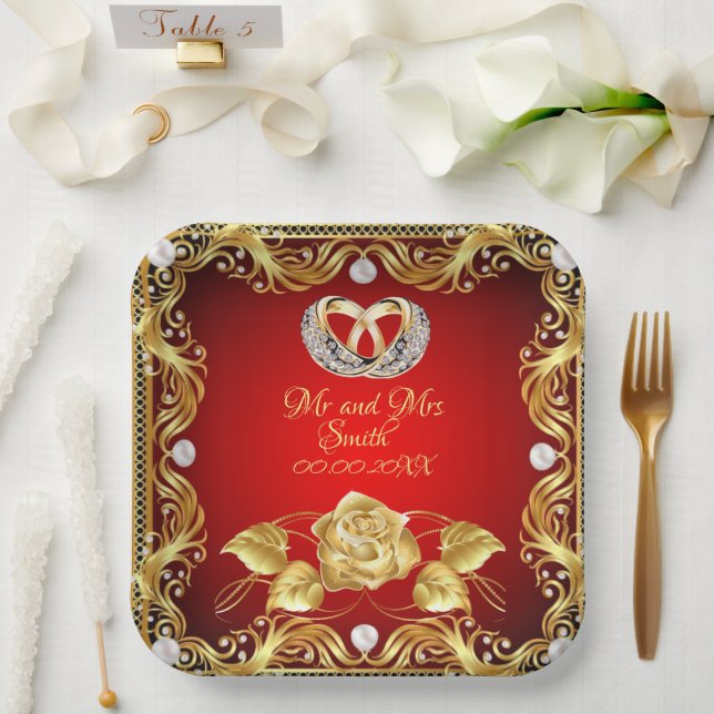 Elegant Red Gold Diamond Personalised  Paper Plates (Wedding)