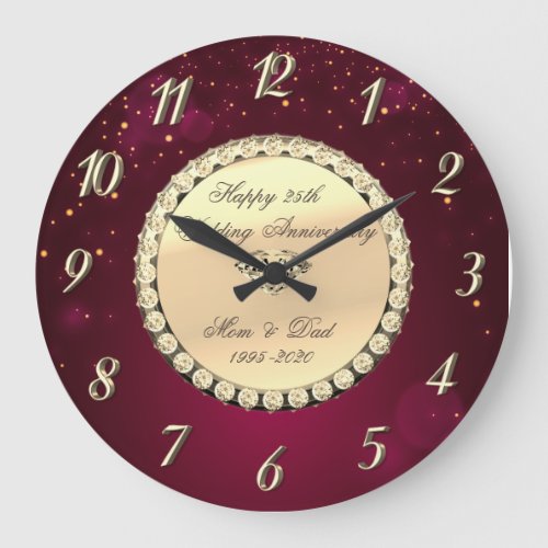 Elegant Red Gold Diamonds 25th Wedding Anniversary Large Clock