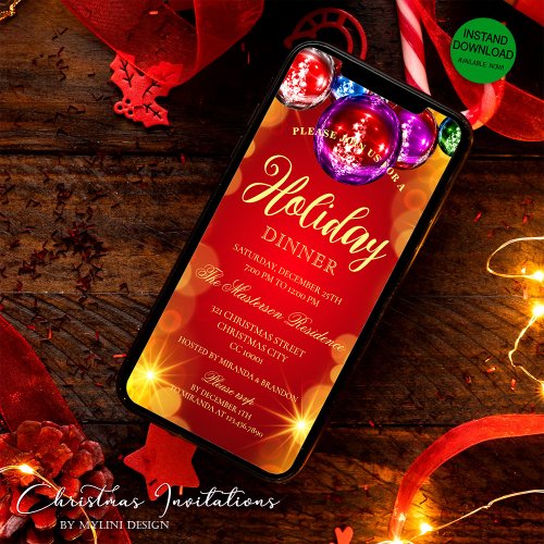 Elegant Red Gold Digital Holiday Dinner Invitation