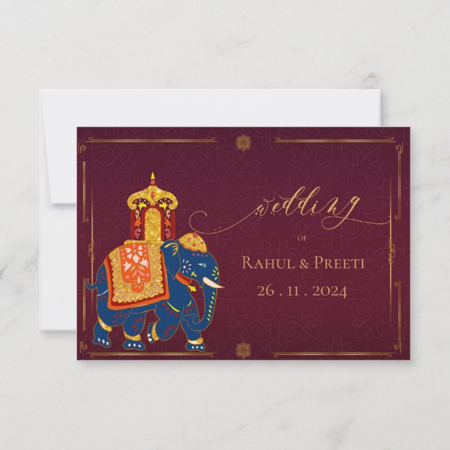 Elegant Red Gold Elephant Vibrant Indian Wedding RSVP Card (Back)