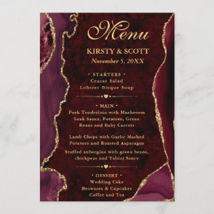 Elegant Red & Gold Faux Glitter Agate Wedding Menu