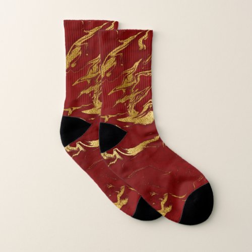 Elegant Red Gold Faux Marble Christmas Socks