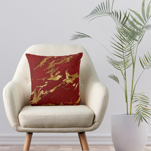 Elegant Red Gold Faux Marble Christmas Throw Pillow
