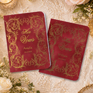 Elegant Red Gold Faux Velvet Wedding Foil Vow Books