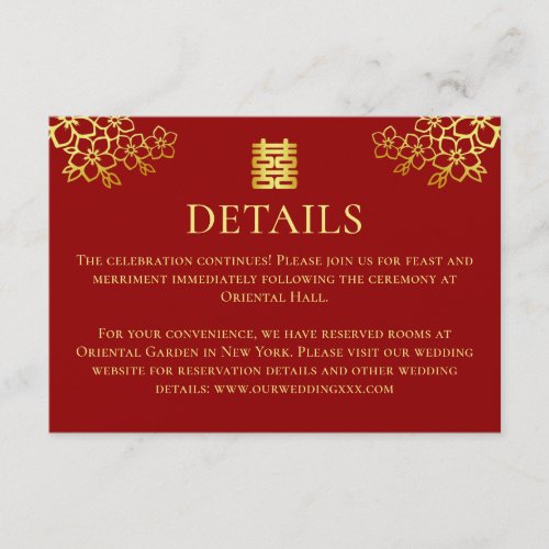 Elegant red gold floral Chinese wedding details Enclosure Card