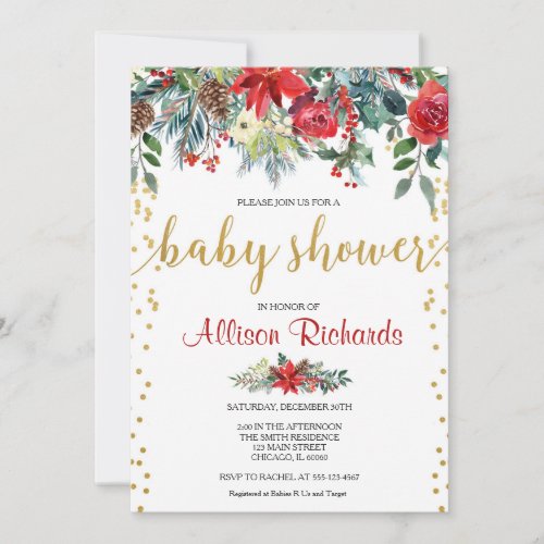 Elegant red gold floral Christmas baby shower Invitation