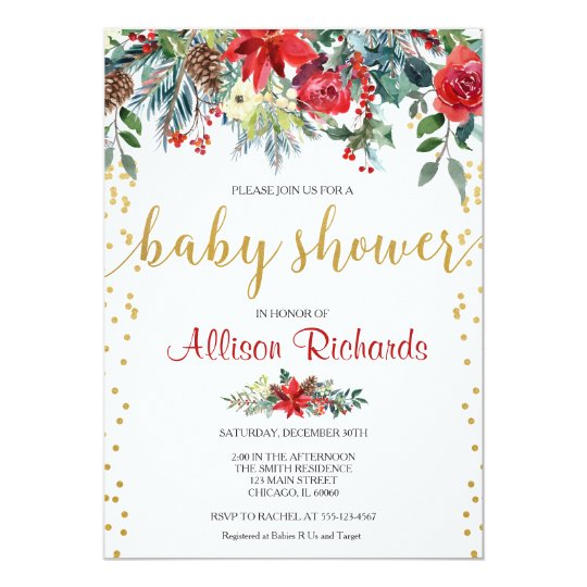 Elegant Red Gold Fl Christmas Baby Shower Invitation Elegant Red Gold Fl Christmas Baby Shower Invitation