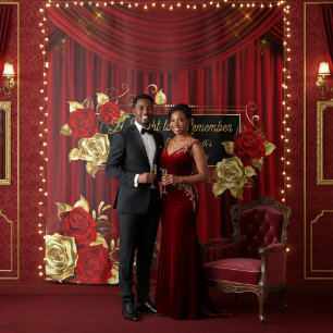 Elegant Red & Gold Floral Engagement Backdrop