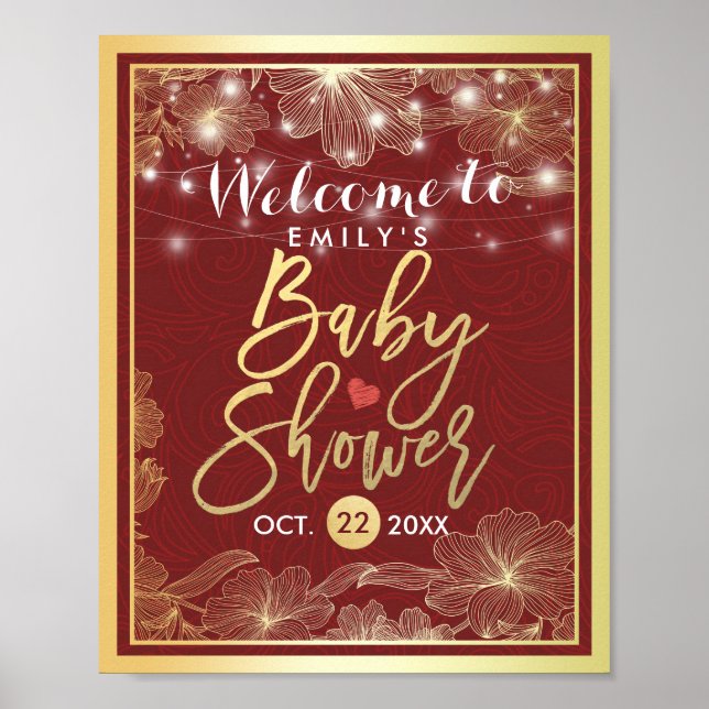 Elegant Red Gold Floral Frame Baby Shower Welcome Poster (Front)