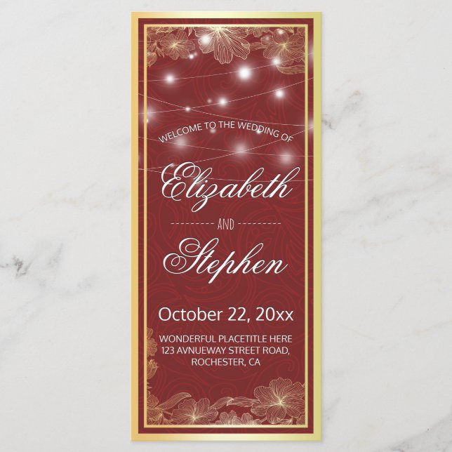 Elegant Red & Gold Floral Frame Wedding Program (Front)