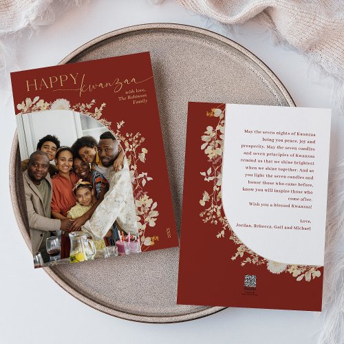 Elegant Red Gold Floral Happy Kwanzaa Photo Holiday Card