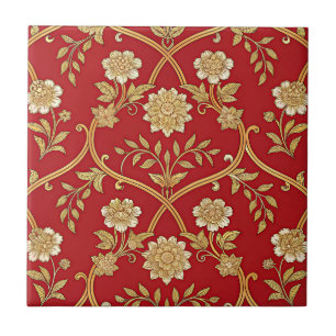 Elegant Red Gold Floral Lattice (1) Ceramic Tile