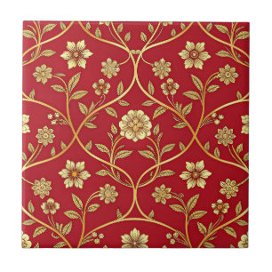 Elegant Red Gold Floral Lattice (2) Ceramic Tile
