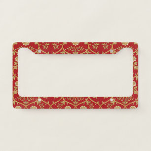 Elegant Red Gold Floral Lattice License Plate Frame