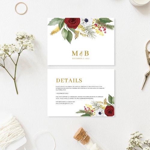 Elegant Red Gold Floral Monogram Wedding Details Enclosure Card