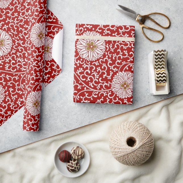 Elegant Red Gold Floral Pattern Wrapping Paper (Crafts)
