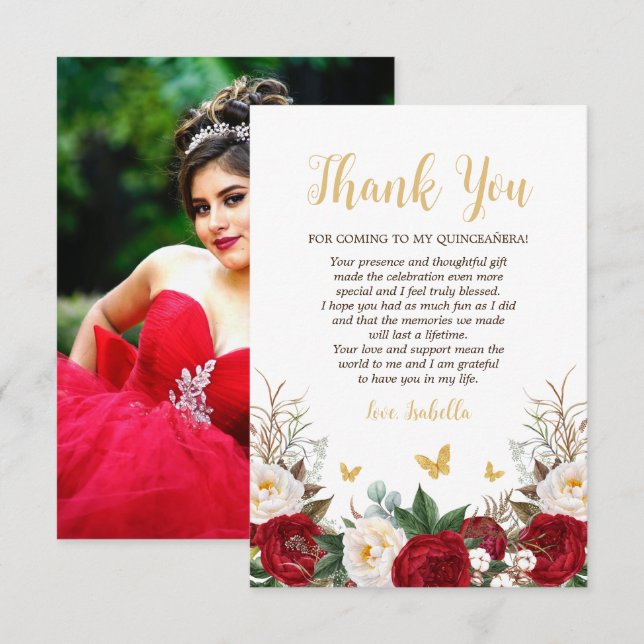Elegant Red & Gold Floral Photo Quinceañera Thank You Card (Front/Back)