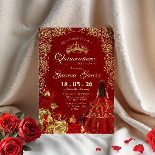 Elegant Red Gold Floral Quinceanera Party  Foil In Invitation