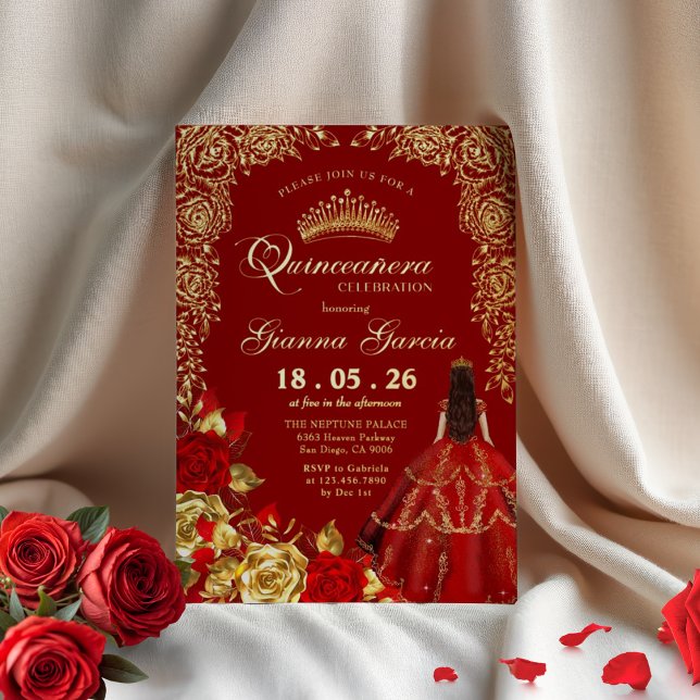 Elegant Red Gold Floral Quinceanera Party  Foil In Invitation (Creator Uploaded)