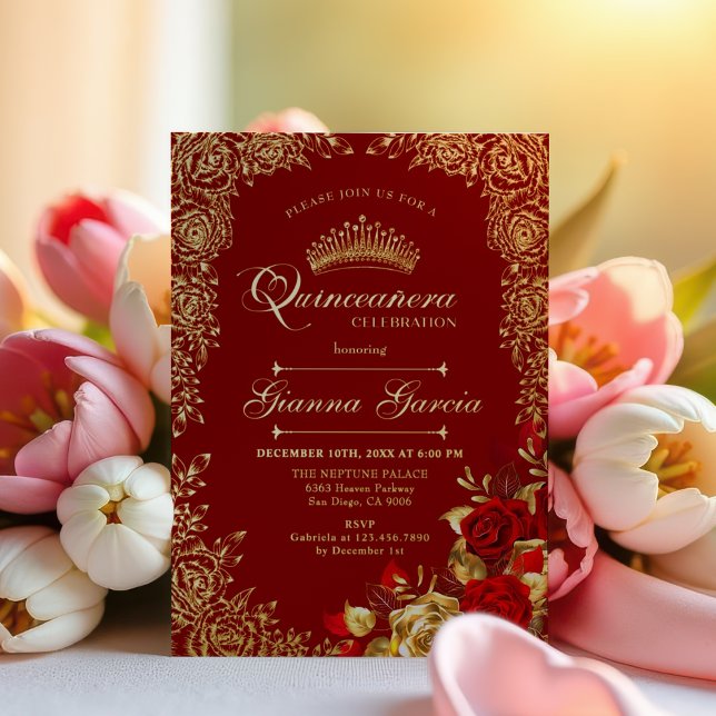 Elegant Red Gold Floral Quinceanera Party  Foil Invitation (Creator Uploaded)