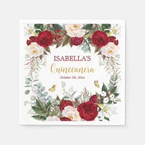 Elegant Red Gold Floral Quinceaera Party Napkins