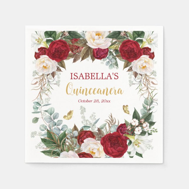 Elegant Red Gold Floral Quinceañera Party Napkins (Front)