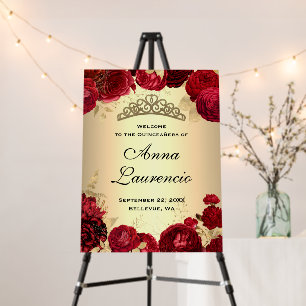 Elegant Red Gold Floral Quinceanera Welcome Sign