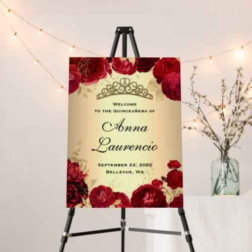 Elegant Red Gold Floral Quinceanera Welcome Sign