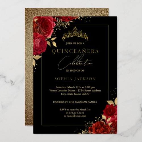 Elegant Red Gold Floral Rose Tiara Quinceanera Foil Invitation
