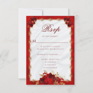Elegant Red Gold Floral Roses Entree Wedding RSVP Card
