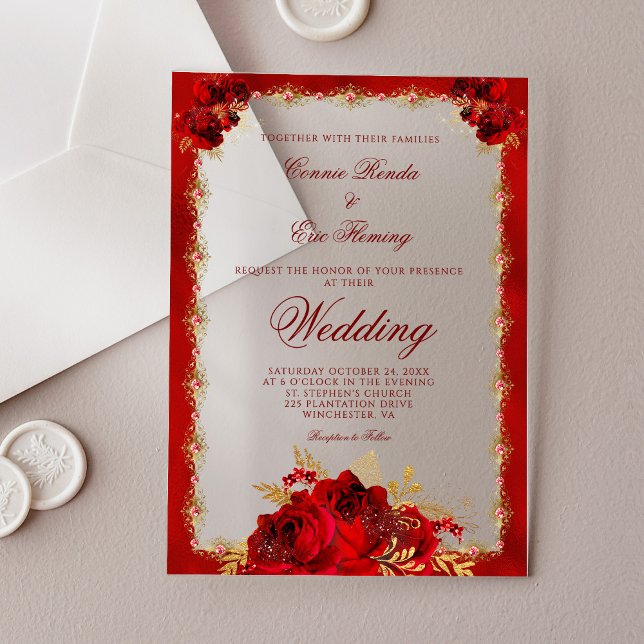 Elegant Red Gold Floral Roses Formal Wedding Acrylic Invitations (Creator Uploaded)