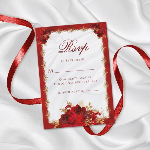 Elegant Red Gold Floral Roses Wedding RSVP Card