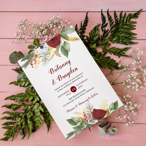 Elegant Red Gold Floral Script All in One Wedding Invitation