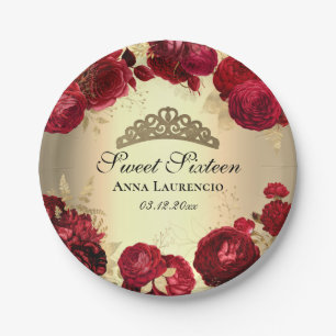 Elegant Red Gold Floral Sweet Sixteen Birthday Paper Plates