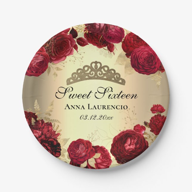 Elegant Red Gold Floral Sweet Sixteen Birthday Paper Plates (Front)