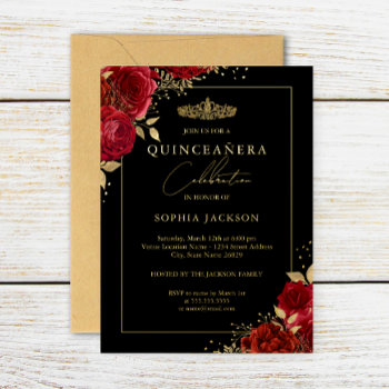 Elegant Red Gold Floral Tiara Quinceanera Foil Invitation by LittleBayleigh at Zazzle