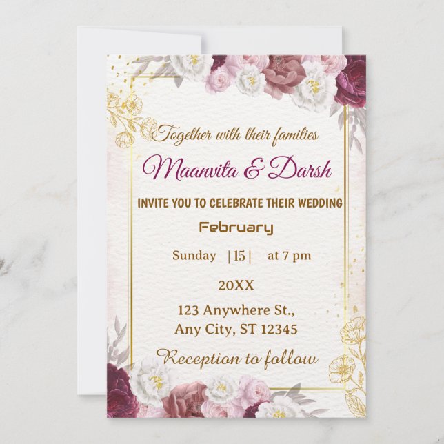Elegant Red Gold Floral Watercolor Botanical Invitation (Front)