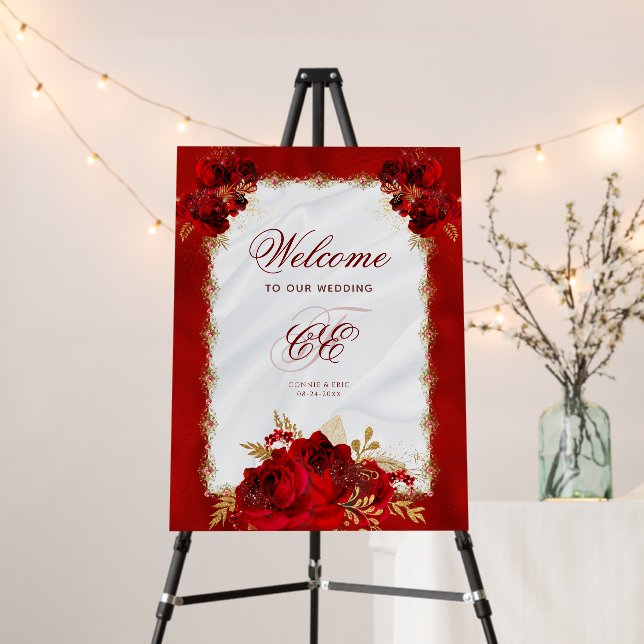 Elegant Red Gold Floral Wedding Monogram Foam Board (In Situ (Stand))