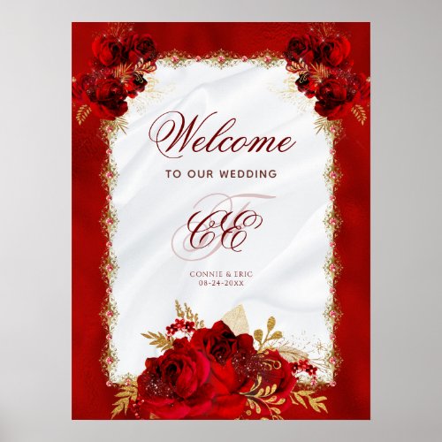 Elegant Red Gold Floral Wedding Monogram Poster