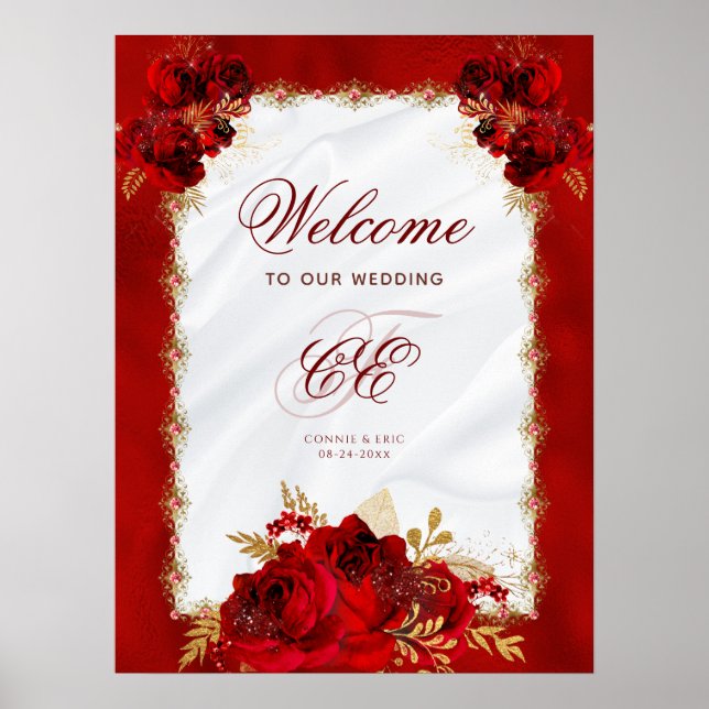 Elegant Red Gold Floral Wedding Monogram Poster (Front)