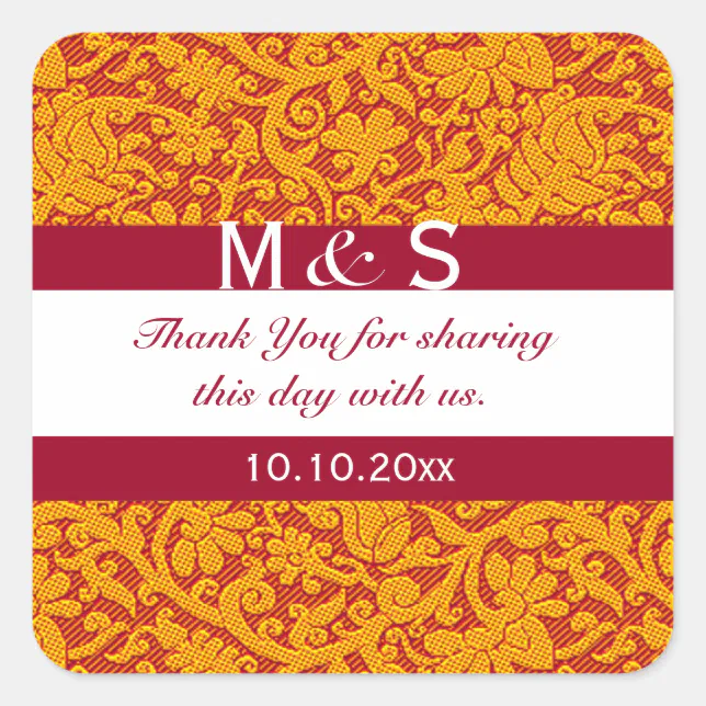 Elegant Red Gold Floral Wedding Monogram Thank You Square Sticker | Zazzle