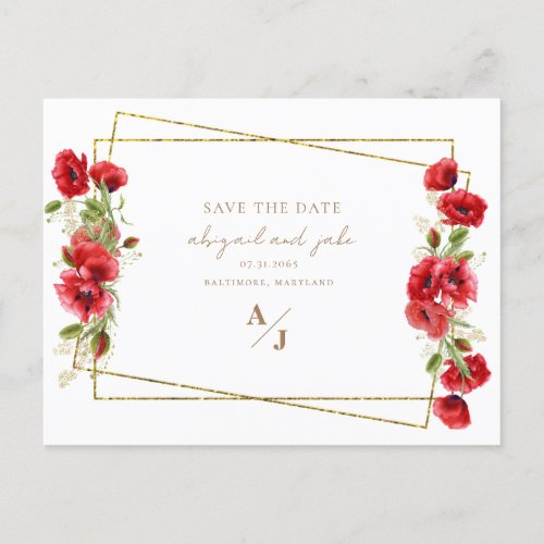 Elegant Red  Gold Floral Wedding Save the Date Postcard