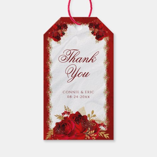 Elegant Red Gold Floral Wedding Thank You  Gift Tags