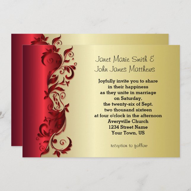Elegant Red & Gold Florid Wedding Design Invitation (Front/Back)