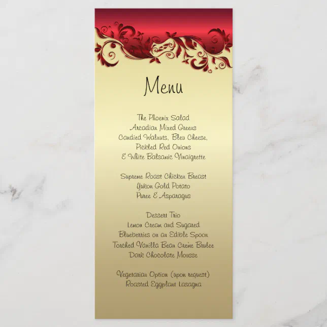 Elegant Red & Gold Florid Wedding Design Menu | Zazzle